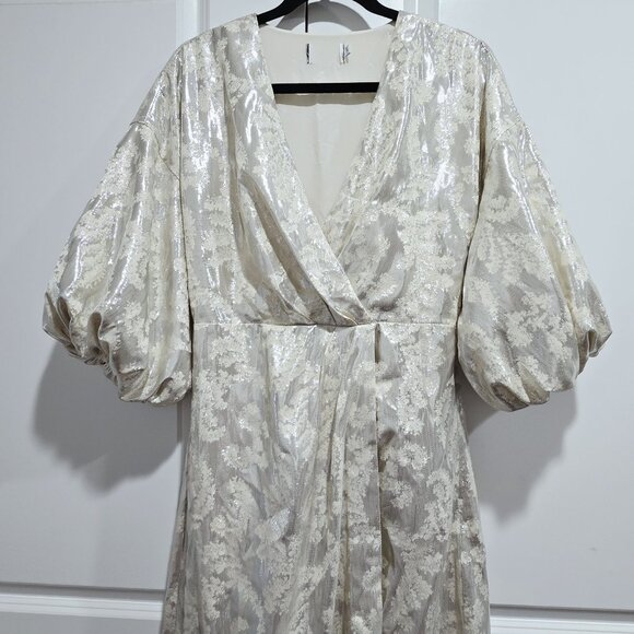 Tanya Taylor - 4 Ivory Mettalic Floral Puff Sleeves Midi Dress - Picture 2 of 8